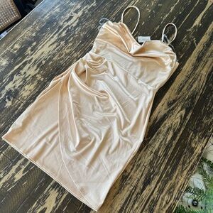 NWT ⭐️ GLARE 💫 Gold Satin Look Ruched Droop Neckline Dress - LARGE